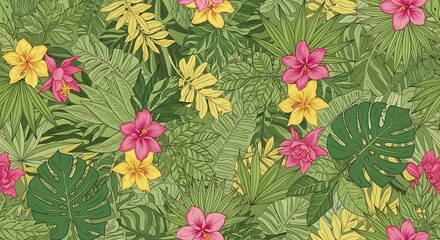 Tropical Floral Pattern with Hibiscus and Ferns – Bright Botanical Composition on White Background