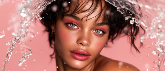 Fototapeta premium A woman with green eyes and pink lips is standing in a spray of pink water. The water is coming from a fountain or a hose, and it is covering her face and hair. She is wearing a pink lipstick