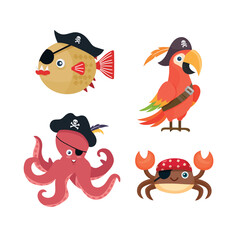 Animals pirates, octopus, crab, fish, parrot. Flat vector clipart, illustration with isolated background.