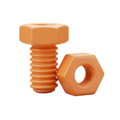 3D Rendered Orange Bolt and Nut Isolated on a Transparent Background