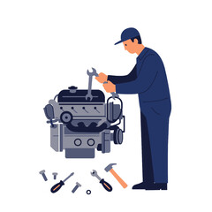 Mechanic Working on Car Engine with Tools