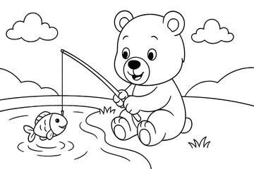 A cute bear is fishing by the pond and happily catches a fish. A peaceful and fun outdoor coloring page perfect for young children