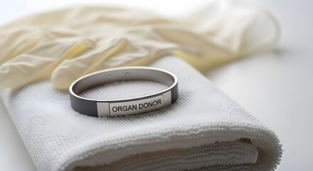 An organ donor medical alert bracelet rests on a white towel next to sterile gloves.