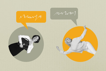 Collage trend of worker people dancing speaking with mind clouds on khaki color background