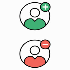 A set of user profile icons for adding and removing contacts. Vector illustration with plus and minus symbols for UI design.