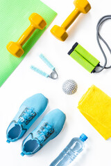 Still life of group sports equipment for fitness and healthy living, wellness concept, top view