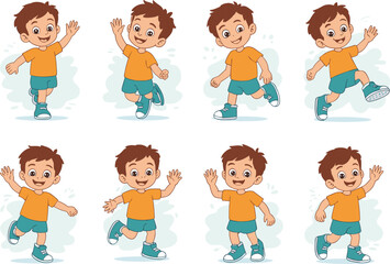 Cartoon boy in different walking poses, kids character animation set, happy child illustration, playful pose vector, cute children design