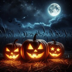 Orange Jack-o'-Lanterns Glowing Under A Dark Halloween Night Sky Creating An Horror And SCary Environment, Spooky Halloween Background