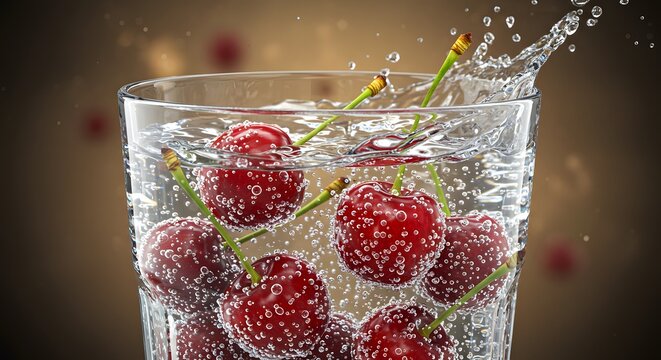 Cherries floating in sparkling water, wellness and refreshment theme