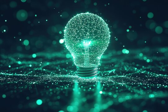 Glowing digital light bulb with interconnected network lines on dark background