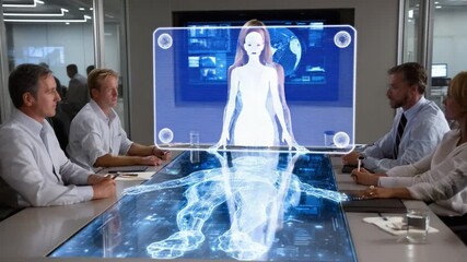 Virtual Assistant at a Meeting: A team of diverse professionals engages with a holographic virtual assistant, embodying innovation and futuristic collaboration in a modern business setting. - Powered by Adobe