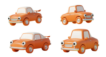 3D Rendered Orange Cartoon Cars Set Isolated on Transparent Background