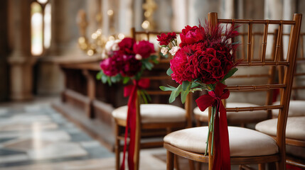 Elegant Floral Arrangements with Chairs Near the Altar