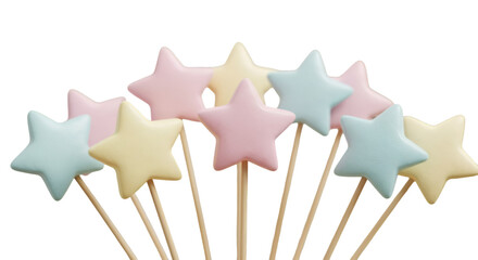 3D Rendered Pastel Stars On Wooden Sticks Against Transparent Background
