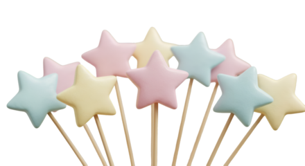 3D Rendered Pastel Stars On Wooden Sticks Against Transparent Background