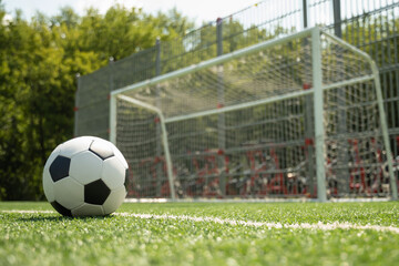 Soccer ball on green grass field before football gate. Soccer ball on field in front of goal post....