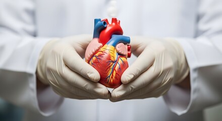 A doctor's gloved hands carefully hold a detailed anatomical model of a human heart.