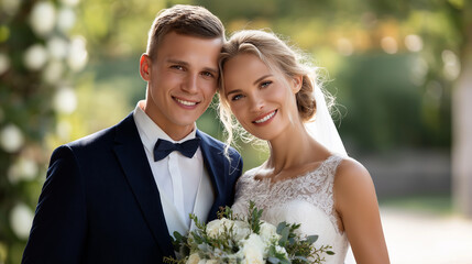 Joyful newlywed couple standing together in gentle sunlight