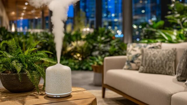 Experience tranquility with an aromatherapy diffuser gently misting essential oils in a lush, serene treatment room.