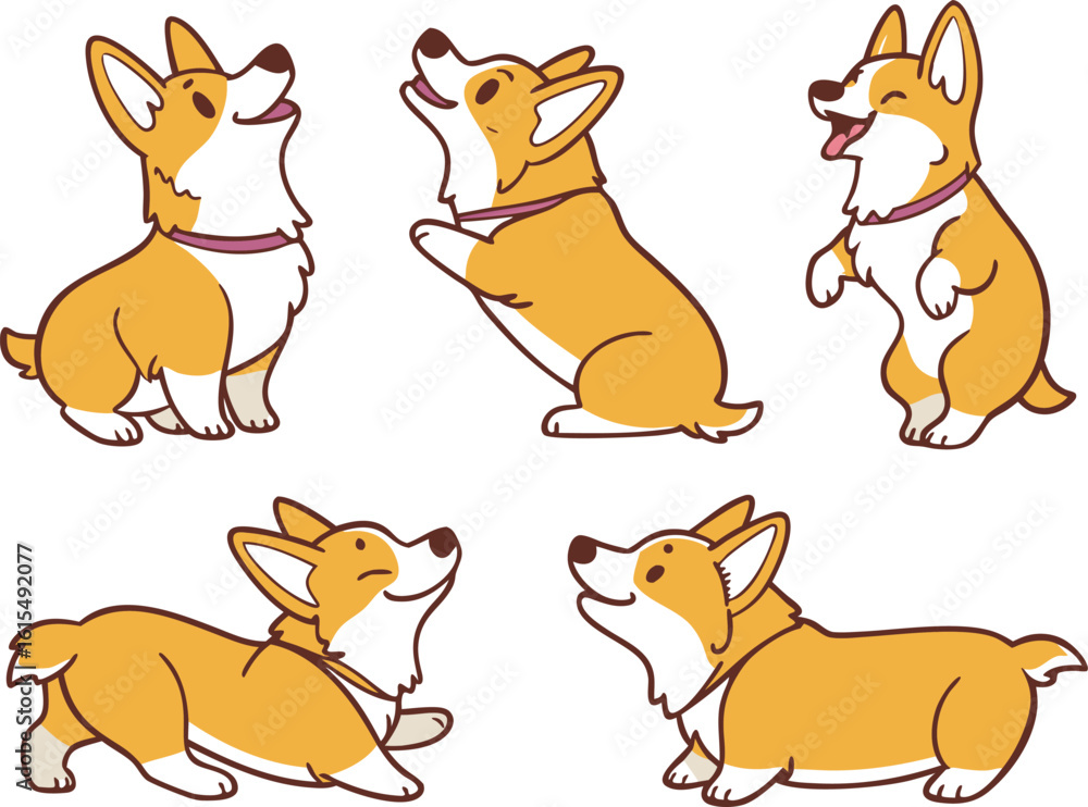 Poster vector art of a group of adorable corgi dogs in various poses and expressions create a playful scene
