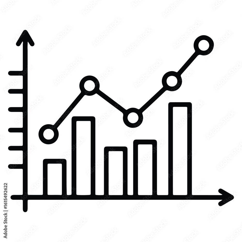 Poster black outline illustration of a rising trend line and bar graph representing data visualization