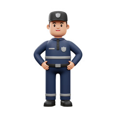3D Rendered Security Guard Illustration in Navy Blue Uniform and Cap