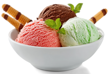 Strawberry, chocolate and mint ice cream scoops with wafer stick in bowl on white background