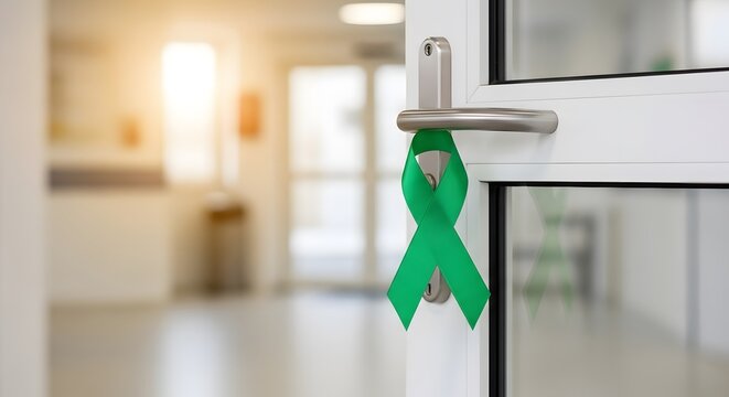 A green awareness ribbon hangs on a door handle, symbolizing support, with a bright, blurred interior.