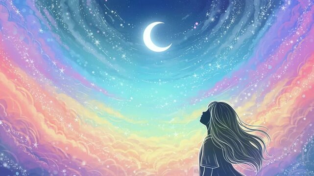 Dreamy Pastel Night Sky Time-Lapse: Girl Gazing at Crescent Moon Amidst Colorful Clouds and Stars