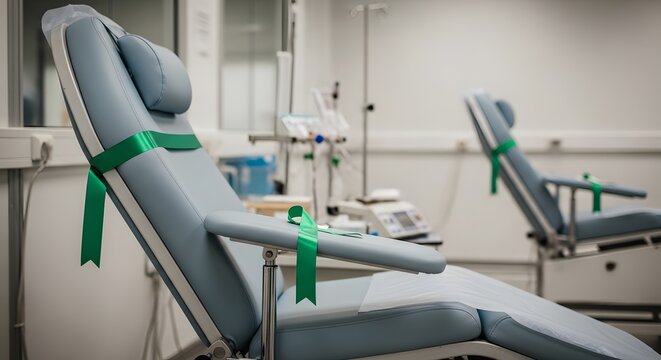 Empty, reclinable medical chairs with green straps in a sterile blood donation or treatment center.