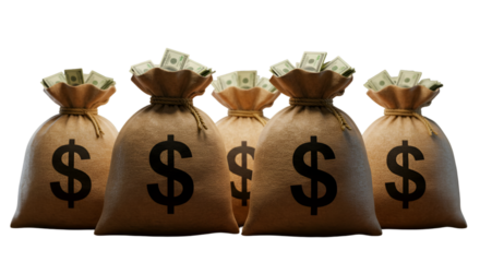 3D Rendered Illustration of Money Bags Filled with Dollars in Brown isolated on Transparent Background