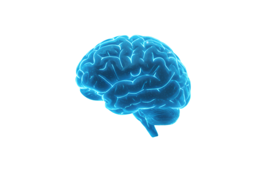 Abstract 3D Illustration Of Glowing Blue Brain Against Transparent Black Background
