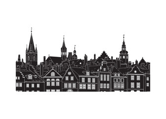 Obraz premium Cityscape Silhouette of European Old Town with Historical Buildings Towers and Rooftops Against White Background Architectural Vector Illustration