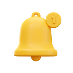 3D Rendered Yellow Bell Icon with Number One Notification on Transparent Background