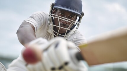 Intense cricket player focused on the ball with powerful swing and determination during match play
