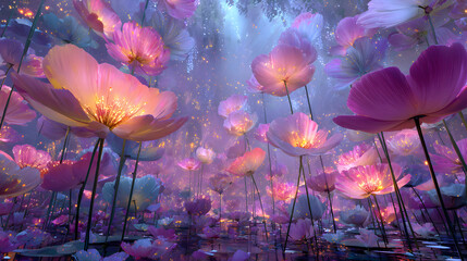Dreamy enchanted garden with floating glowing flowers in soft pink and violet mist