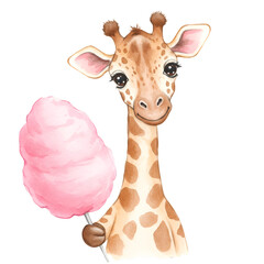 A Cute Cartoon Giraffe Holding Pink Cotton Candy Illustration