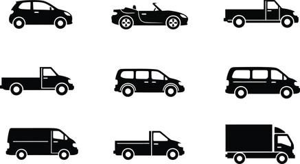 Collection of black silhouette icons representing various types of vehicles