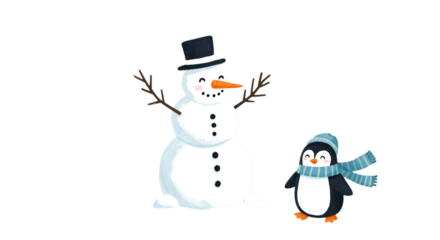 A Cute Cartoon Illustration Of A Snowman And Penguin On Black Background