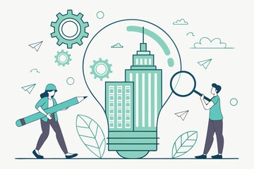Creative team analyzing smart city infrastructure in lightbulb icon