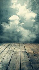 Wooden Floor and Cloudy Sky Background with Mystical Atmosphere