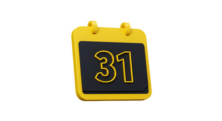 3D Rendered Yellow Calendar Showing Date Thirty-One on Transparent Background