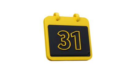3D Rendered Yellow Calendar Showing Date Thirty-One on Transparent Background