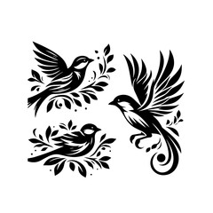 Illustration of three birds with leaves isolated on white background