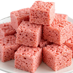 A Delicious Pink Rice Krispie Treats Pile Isolated on White Plate Background