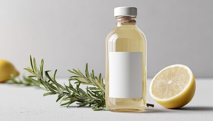 Clear bottle of golden liquid, blank label, with rosemary and lemon