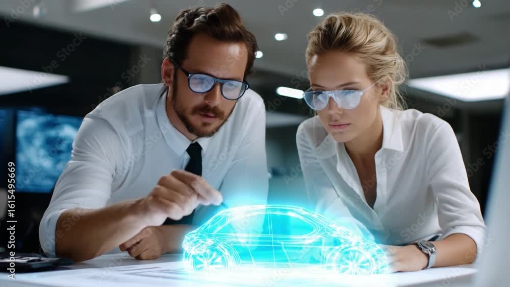Poster tech visionaries: two experts are focused on a digital interface on the table, possibly working on a