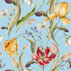 Watercolor floral seamless pattern. Hand painted leaves, meadow flowers, tulips. Botanical illustration for textile, fabric, print, digital paper