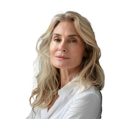 Portrait of a mature woman with blonde hair, wearing a white shirt, against a transparent background. background removed