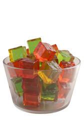 A Realistic Photo of Vibrant Colorful Jelly Cubes Inside a Clear Glass Bowl